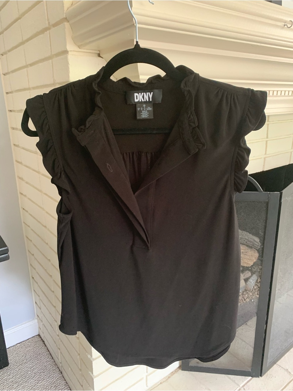 DKNY Black Ruffle Sleeve V-Neck Top Size Small